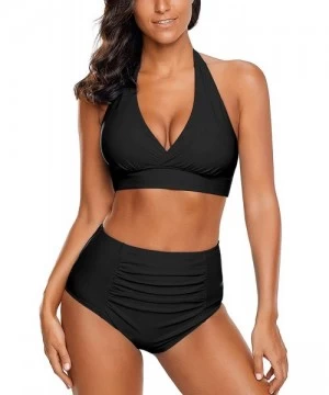 Sets Women's Halter Self Tie Ruched High Waist Two Pieces Bikini Set Swimsuits - V Black - CR193LS2S8E