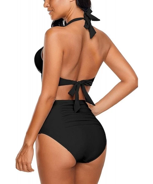 Sets Women's Halter Self Tie Ruched High Waist Two Pieces Bikini Set Swimsuits - V Black - CR193LS2S8E