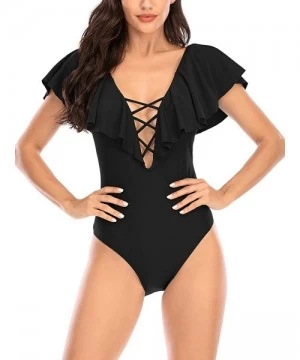 One-Pieces One Piece Swimsuits for Women Ruffled V Neck Lace Up Swimwear Plus Size Bathing Suits - Black - C419D84UUMW