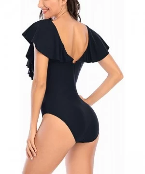 One-Pieces One Piece Swimsuits for Women Ruffled V Neck Lace Up Swimwear Plus Size Bathing Suits - Black - C419D84UUMW