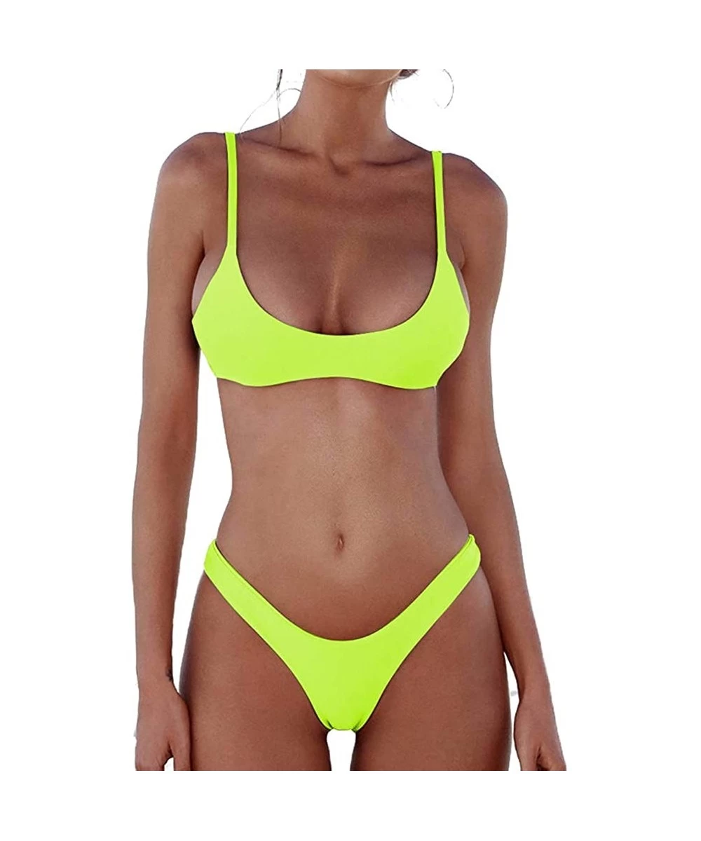 Sets Womens Swimsuits 2 Pcs Brazilian Top Thong Bikini Set High Waisted Bathing Suits for Women - Bikini Set Fluorescent Yell...