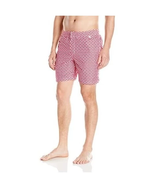 Trunks Men's Fixed Waist Geomentric Squares Swim Trunk - Red - CO12O3ULJ8S