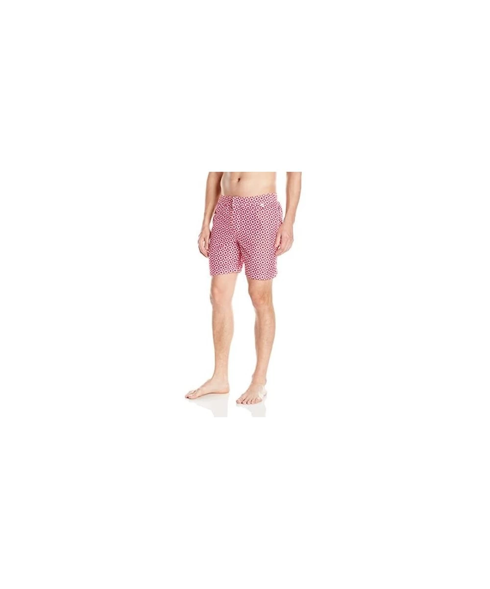 Trunks Men's Fixed Waist Geomentric Squares Swim Trunk - Red - CO12O3ULJ8S