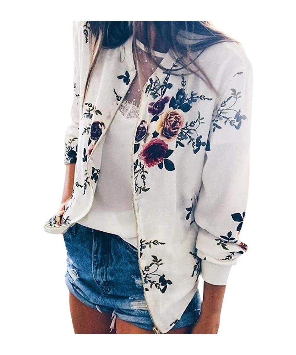 Rash Guards Women Retro Floral Zipper Bomber Jacket Long Sleeve Casual Chic Coat Streetwear - A-white - C918HS9RWQK