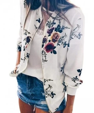 Rash Guards Women Retro Floral Zipper Bomber Jacket Long Sleeve Casual Chic Coat Streetwear - A-white - C918HS9RWQK