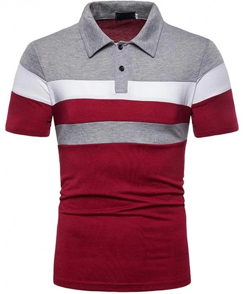 Briefs Mens Summer Slim Fit Tshirt Contrast Color Stitching Stripe Short Sleeve Casual Polo Shirt - Red - CP194Q4NZUU