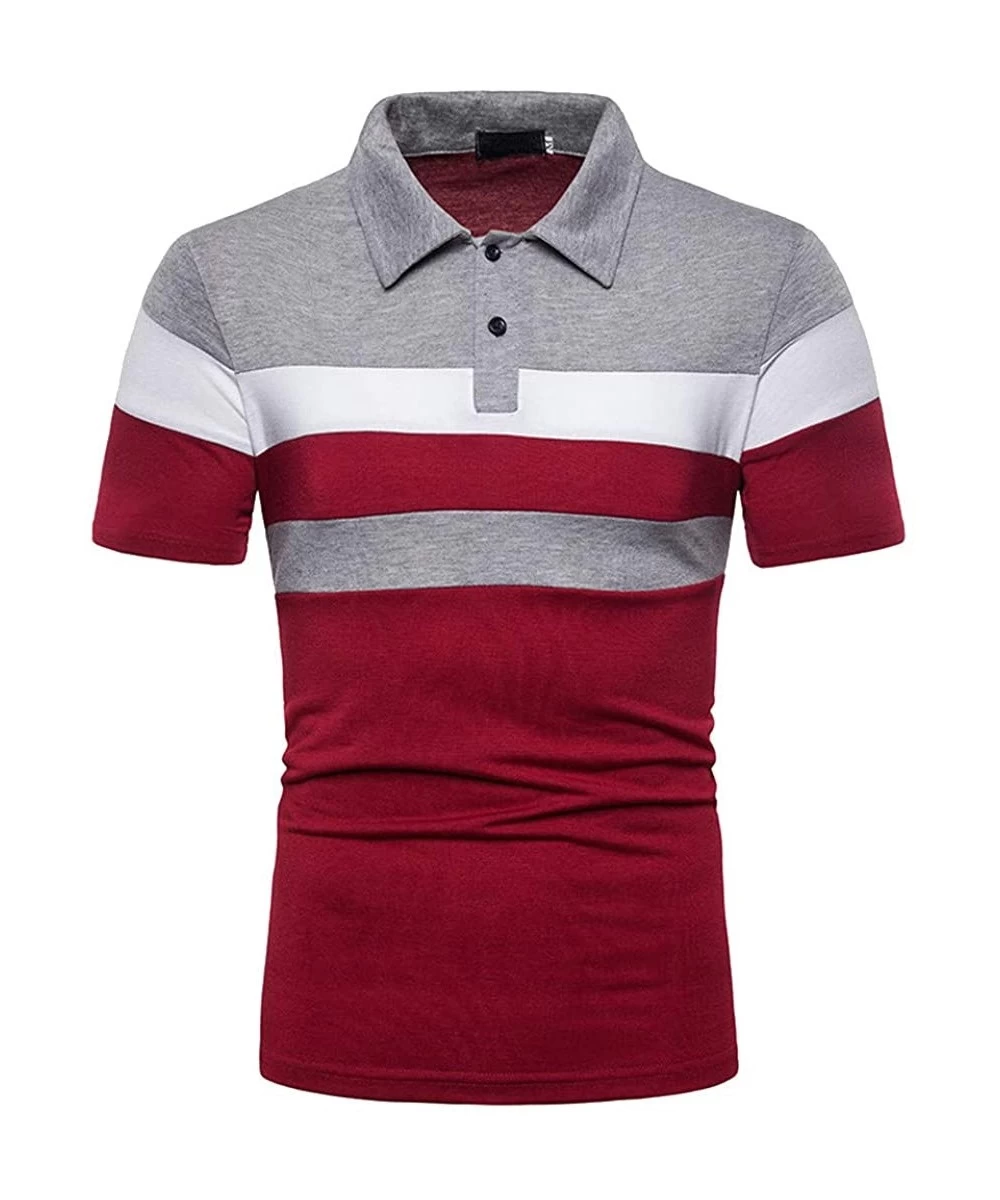 Briefs Mens Summer Slim Fit Tshirt Contrast Color Stitching Stripe Short Sleeve Casual Polo Shirt - Red - CP194Q4NZUU