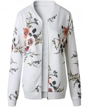 Rash Guards Women Retro Floral Zipper Bomber Jacket Long Sleeve Casual Chic Coat Streetwear - A-white - C918HS9RWQK