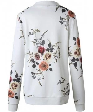 Rash Guards Women Retro Floral Zipper Bomber Jacket Long Sleeve Casual Chic Coat Streetwear - A-white - C918HS9RWQK