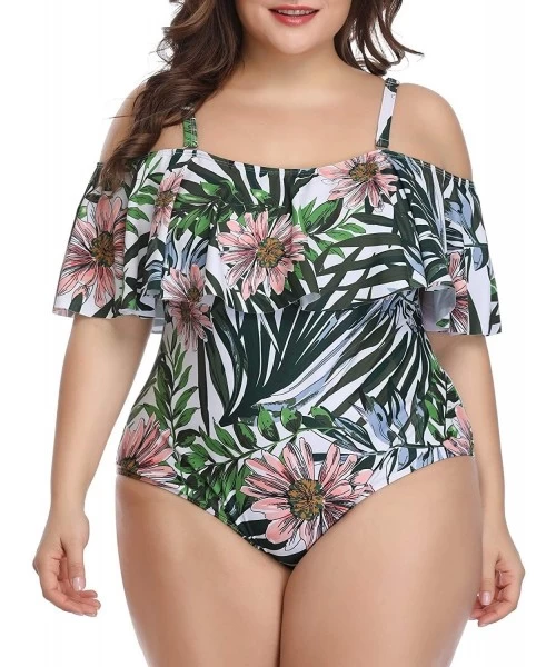 One-Pieces Plus Size Swimsuits for Women One Piece Off Shoulder Bathing Suits Ruffle Swimwear - Green Leaves - C71900XMD86