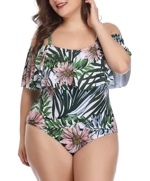 One-Pieces Plus Size Swimsuits for Women One Piece Off Shoulder Bathing Suits Ruffle Swimwear - Green Leaves - C71900XMD86