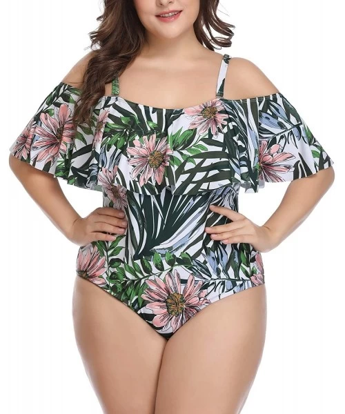 One-Pieces Plus Size Swimsuits for Women One Piece Off Shoulder Bathing Suits Ruffle Swimwear - Green Leaves - C71900XMD86