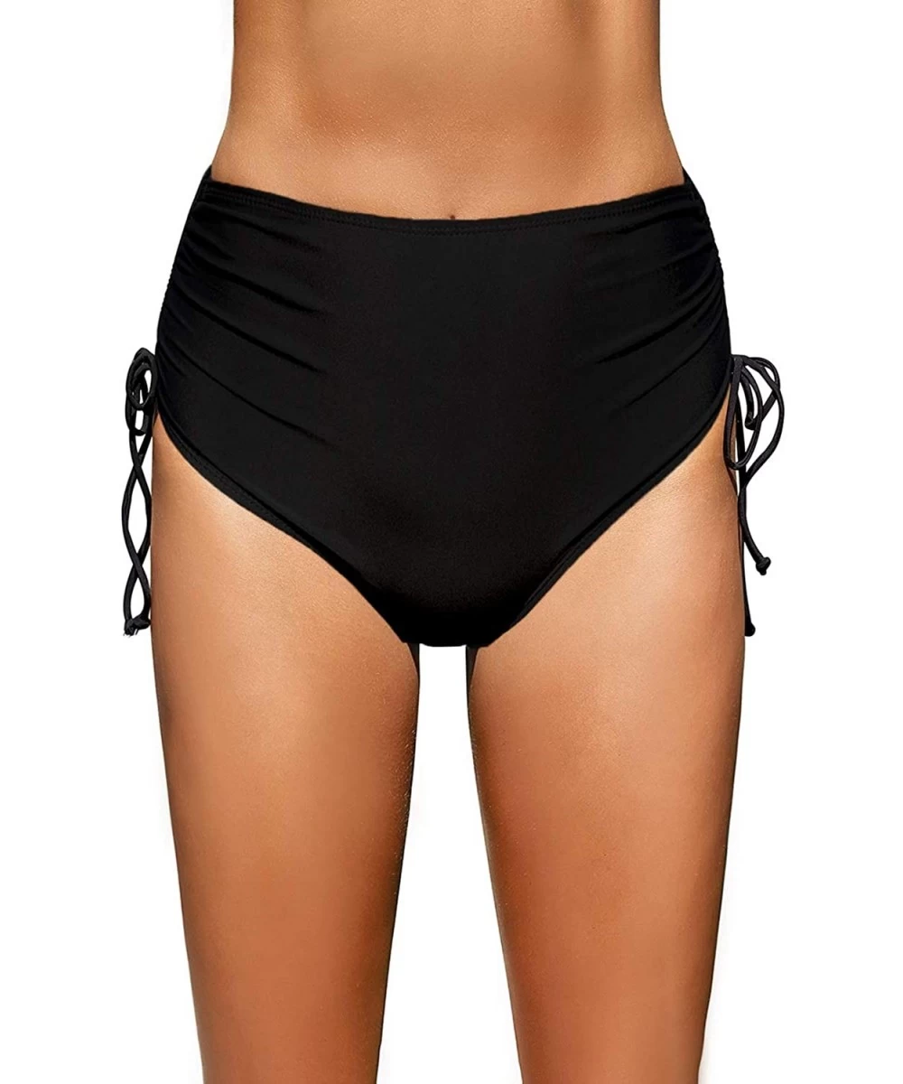 Tankinis Women High Waisted Bikini Bottoms Ruched Swim Brief Short Tankinis - Black-side Tie - CJ193G7K2EK