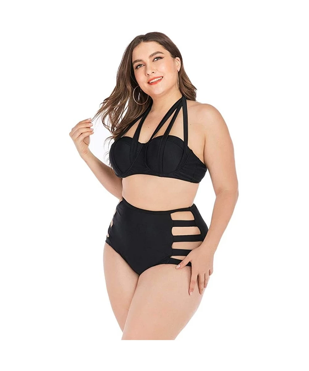 Sets Womens Plus Size Bikini Sets High Waisted Fringe Swimwear Two Piece Swimsuits - Black 2 - CP18Y2RZH6M