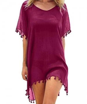 Cover-Ups Womens Casual Chiffon Tassel Stylish Kaftan Bikini Swimsuit Cover Up - Burgundy - CJ18NWZYDUH