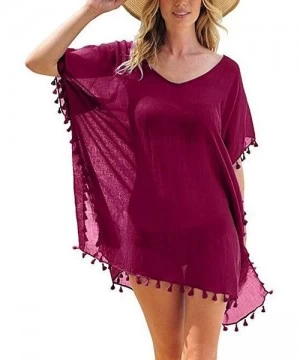 Cover-Ups Womens Casual Chiffon Tassel Stylish Kaftan Bikini Swimsuit Cover Up - Burgundy - CJ18NWZYDUH