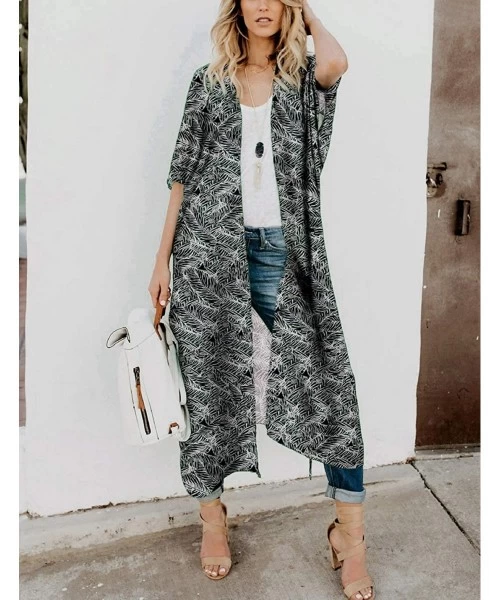 Cover-Ups Women's Printed Sheer Chiffon Cardigan Blouse Loose Long Tops Boho Sunshirt Shawl Beach Wraps - Black 8870 - CU199Q...