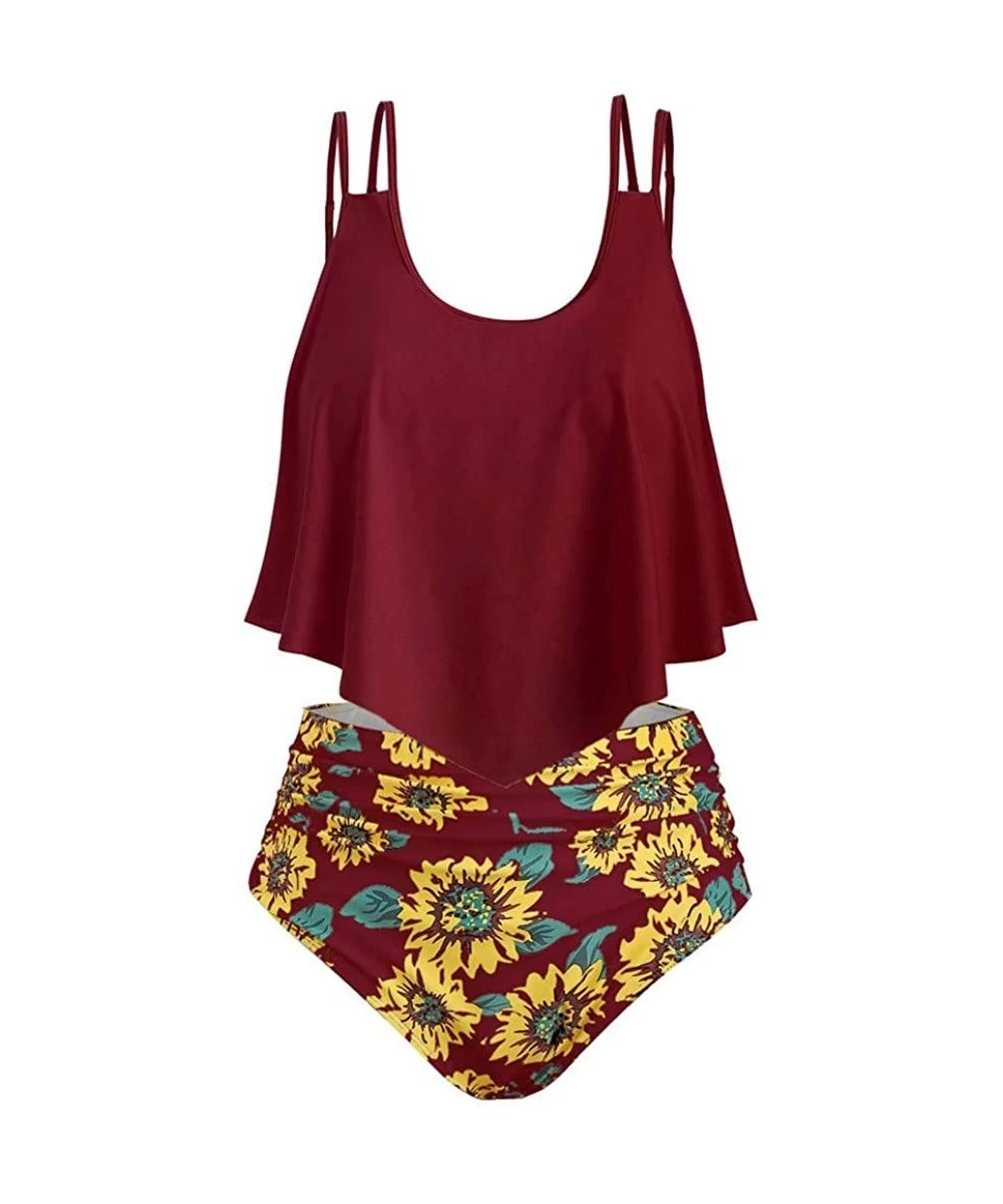 Sets Plus Size Bikini for Women Ruffle Swimsuit High Waisted Bottom Sunflower Print Swimwear Tankini - Wine Red - CZ18SD3KMN9