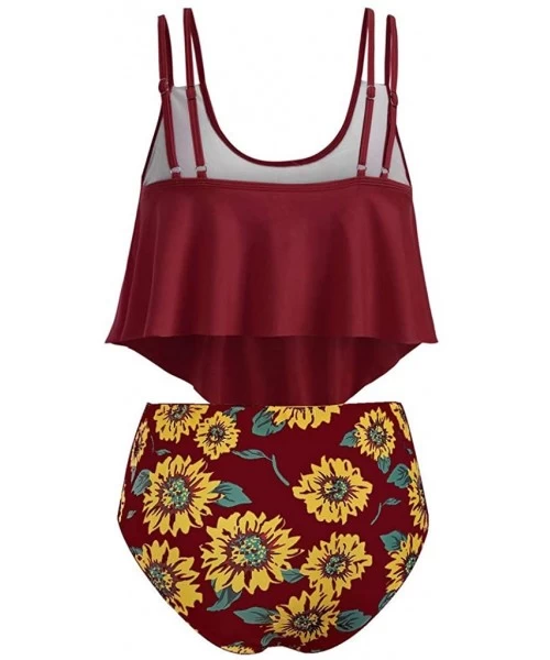 Sets Plus Size Bikini for Women Ruffle Swimsuit High Waisted Bottom Sunflower Print Swimwear Tankini - Wine Red - CZ18SD3KMN9