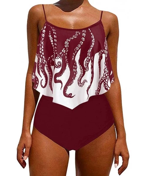 One-Pieces Plus Size High Waist Swimsuits for Women Tankini Sets Padded Flounce Crisscross Swimwear - Wine - CQ199XULEQ2