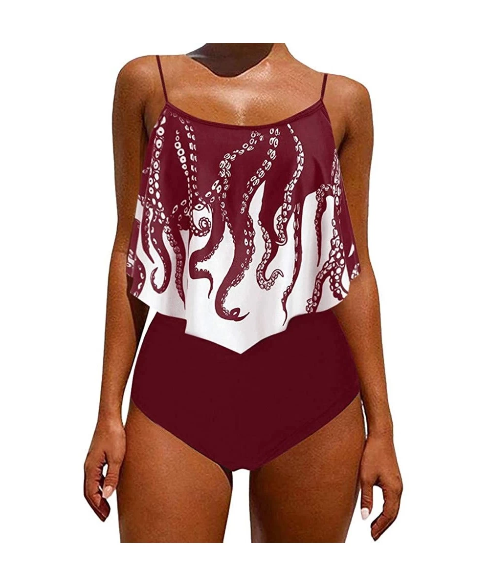 One-Pieces Plus Size High Waist Swimsuits for Women Tankini Sets Padded Flounce Crisscross Swimwear - Wine - CQ199XULEQ2