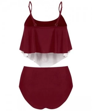 One-Pieces Plus Size High Waist Swimsuits for Women Tankini Sets Padded Flounce Crisscross Swimwear - Wine - CQ199XULEQ2