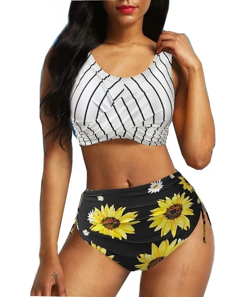 Racing Women Swimsuit Summer Sunflower High Waisted Printed Bathing Suits Tankini Swimwear - Black - CU1994ETDW0