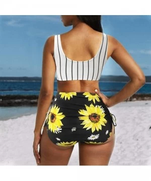 Racing Women Swimsuit Summer Sunflower High Waisted Printed Bathing Suits Tankini Swimwear - Black - CU1994ETDW0