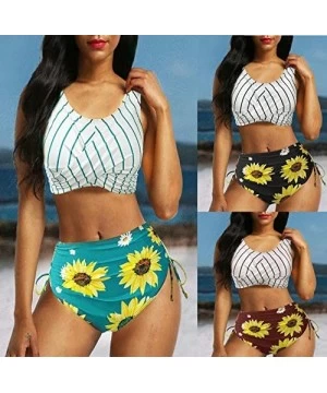 Racing Women Swimsuit Summer Sunflower High Waisted Printed Bathing Suits Tankini Swimwear - Black - CU1994ETDW0