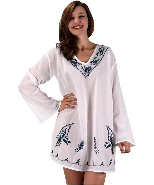 Cover-Ups Summer Women Oversized Cotton Embroidered Cover-up Beachwear Tunic - White - CC12ICYODB9