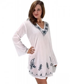 Cover-Ups Summer Women Oversized Cotton Embroidered Cover-up Beachwear Tunic - White - CC12ICYODB9