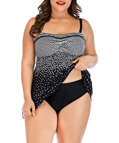 Tankinis Womens Plus Size Polka Dot Tankini Two Piece Swimdress Bathing Suit - Black(order One Size Up) - CH18QSQYYW5