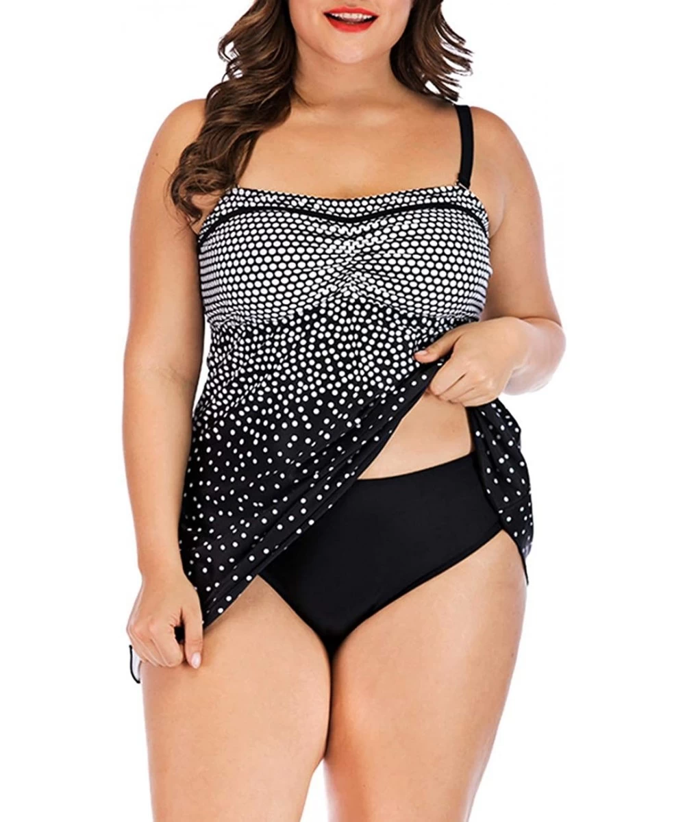 Tankinis Womens Plus Size Polka Dot Tankini Two Piece Swimdress Bathing Suit - Black(order One Size Up) - CH18QSQYYW5