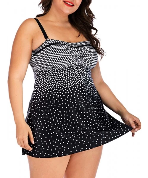 Tankinis Womens Plus Size Polka Dot Tankini Two Piece Swimdress Bathing Suit - Black(order One Size Up) - CH18QSQYYW5