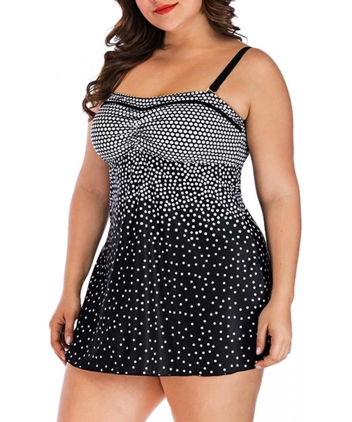 Tankinis Womens Plus Size Polka Dot Tankini Two Piece Swimdress Bathing Suit - Black(order One Size Up) - CH18QSQYYW5