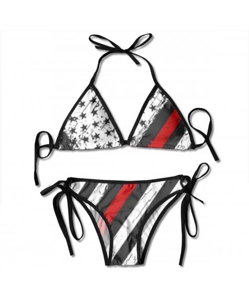 Sets Women Triangle Bikini Set Crossed Firefighter American Flag Adjustable Thong Bottom Swimsuits - Black - CX19878NAGX