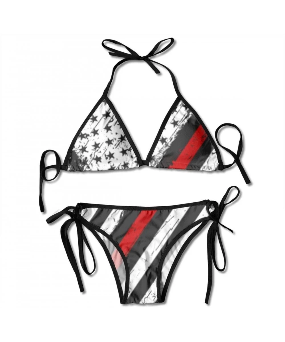 Sets Women Triangle Bikini Set Crossed Firefighter American Flag Adjustable Thong Bottom Swimsuits - Black - CX19878NAGX