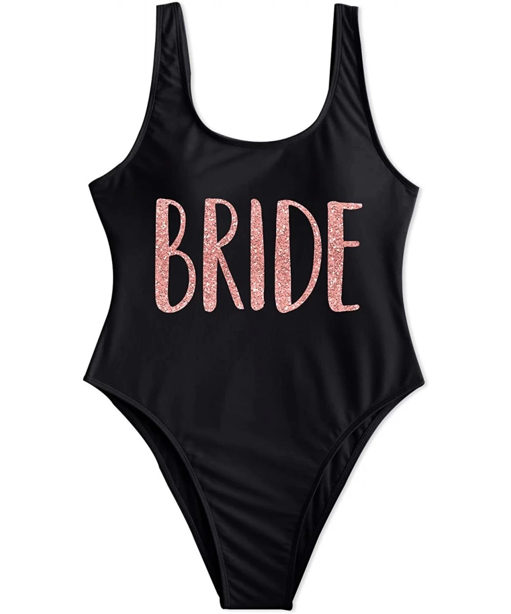 One-Pieces Bride Squad Bachelorette Pool Party One Piece High Leg Swimsuit - Bride - Black - CE199T77GWM