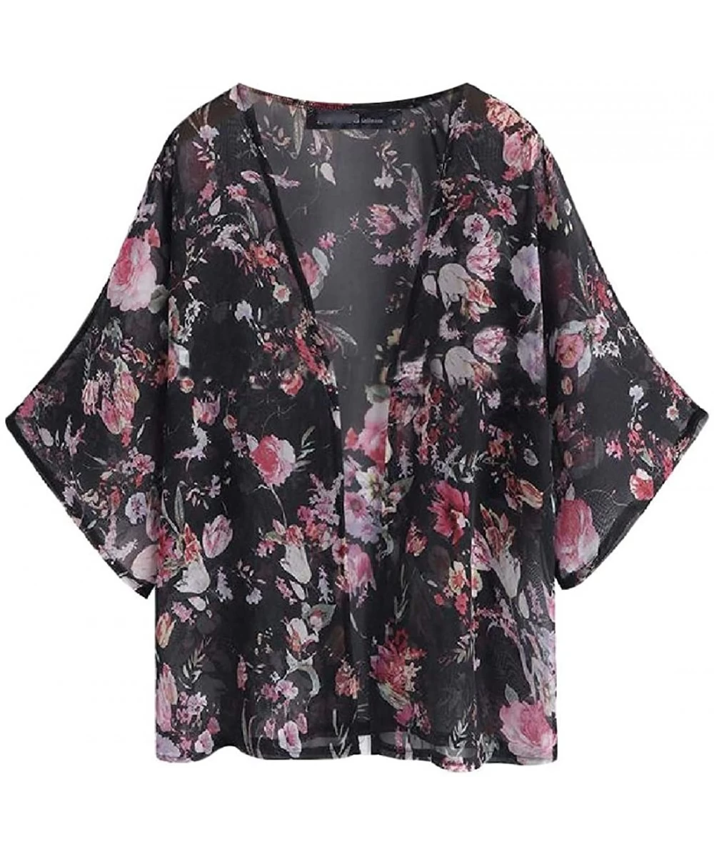 Cover-Ups Open-Front Kimono Beach Cover Up Summer Print Half Sleeve Chiffon Cardigan - 6 - C21902QQAHW