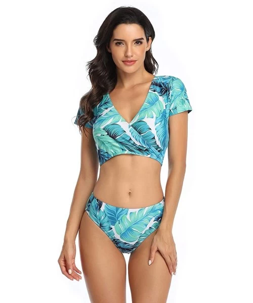 Trunks Family Matching Swimsuits Mommy Daddy and Me Palm Printed Ruffle Swimwear Bathing Suits - Girls Green - C7194L8Q5MK