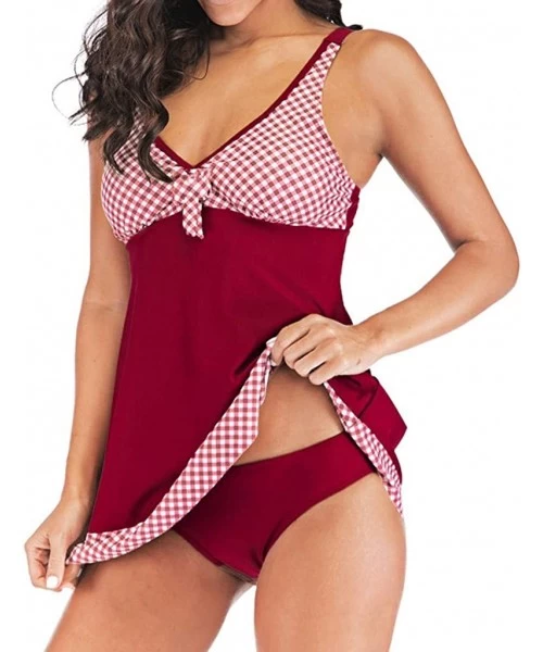 Racing Plus Size Two Piece Tankini Bikini Set Dot Printed Bathing Suit Ladies Swim Dress Swimwear Beachwear - Red 2 - CT190DU...