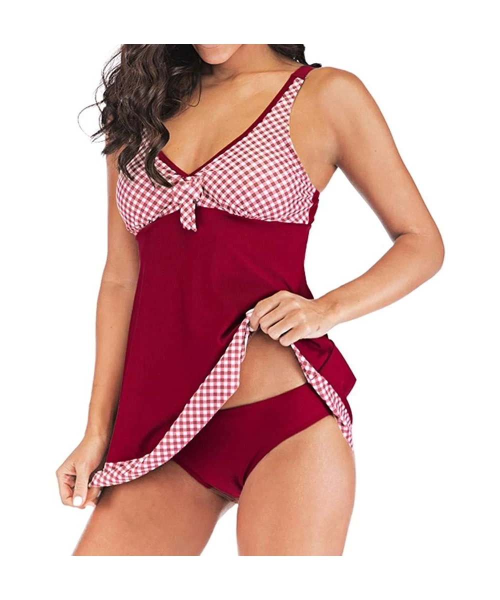 Racing Plus Size Two Piece Tankini Bikini Set Dot Printed Bathing Suit Ladies Swim Dress Swimwear Beachwear - Red 2 - CT190DU...