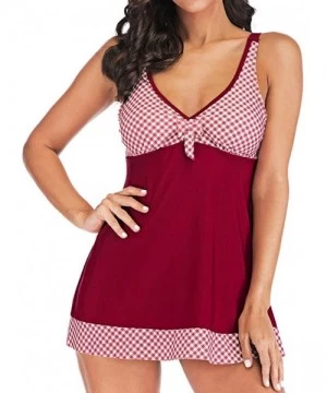 Racing Plus Size Two Piece Tankini Bikini Set Dot Printed Bathing Suit Ladies Swim Dress Swimwear Beachwear - Red 2 - CT190DU...