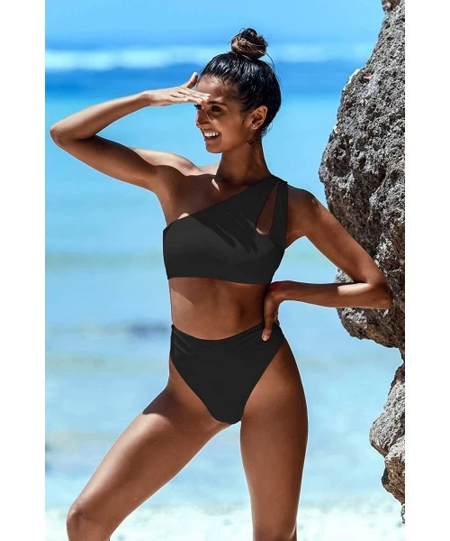 Sets Womens Crop Top Swimsuit High Waisted One Shoulder Sports Bikini Two Piece Push Up Bathing Suit - Black Bikini - CQ1999N...