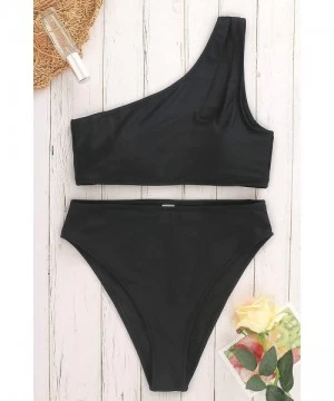 Sets Womens Crop Top Swimsuit High Waisted One Shoulder Sports Bikini Two Piece Push Up Bathing Suit - Black Bikini - CQ1999N...