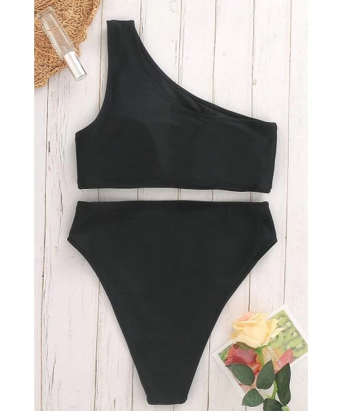 Sets Womens Crop Top Swimsuit High Waisted One Shoulder Sports Bikini Two Piece Push Up Bathing Suit - Black Bikini - CQ1999N...