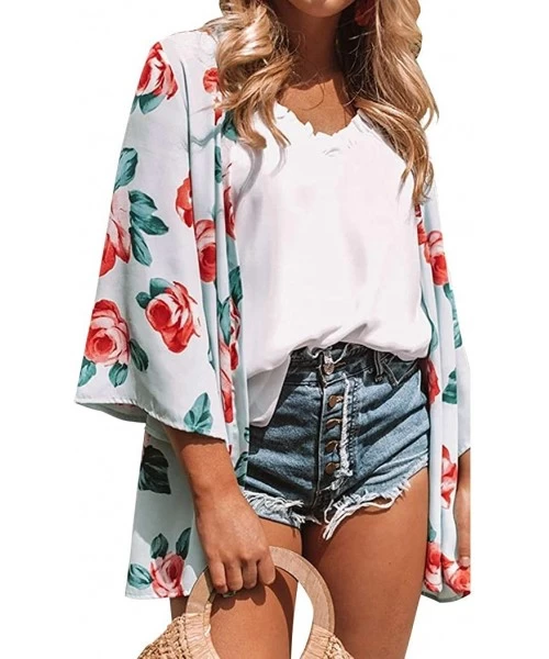 Cover-Ups Women's Floral Print Kimonos 3/4 Sleeve Sheer Chiffon Cardigan Open Front Cover Up Tops - Island Paradise - CV196WX...