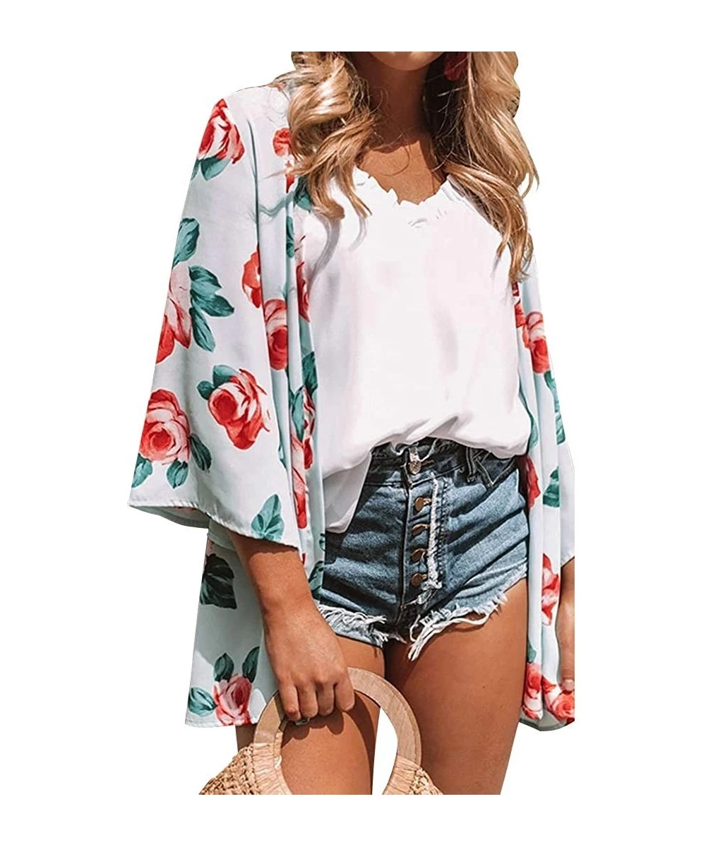 Cover-Ups Women's Floral Print Kimonos 3/4 Sleeve Sheer Chiffon Cardigan Open Front Cover Up Tops - Island Paradise - CV196WX...