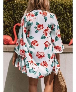 Cover-Ups Women's Floral Print Kimonos 3/4 Sleeve Sheer Chiffon Cardigan Open Front Cover Up Tops - Island Paradise - CV196WX...