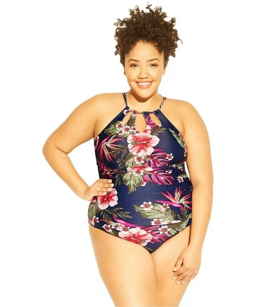 One-Pieces Women's Plus Size Keyhole Strap One Piece Swimsuit - Navy Floral - C4193408YY2